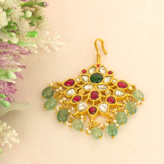Lotus design Jadau Kundan Short Maang Tikka With Green Beads