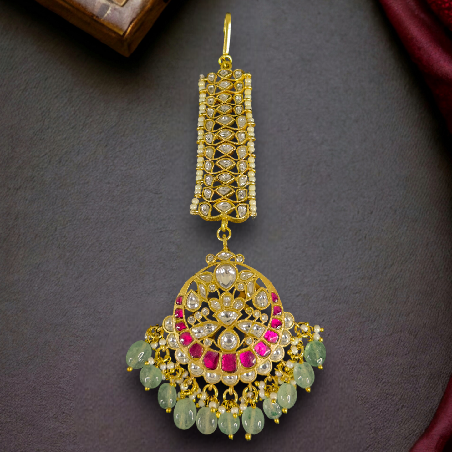 Bridal Gold plated Jadau Kundan Maang Tikka with Russian beads