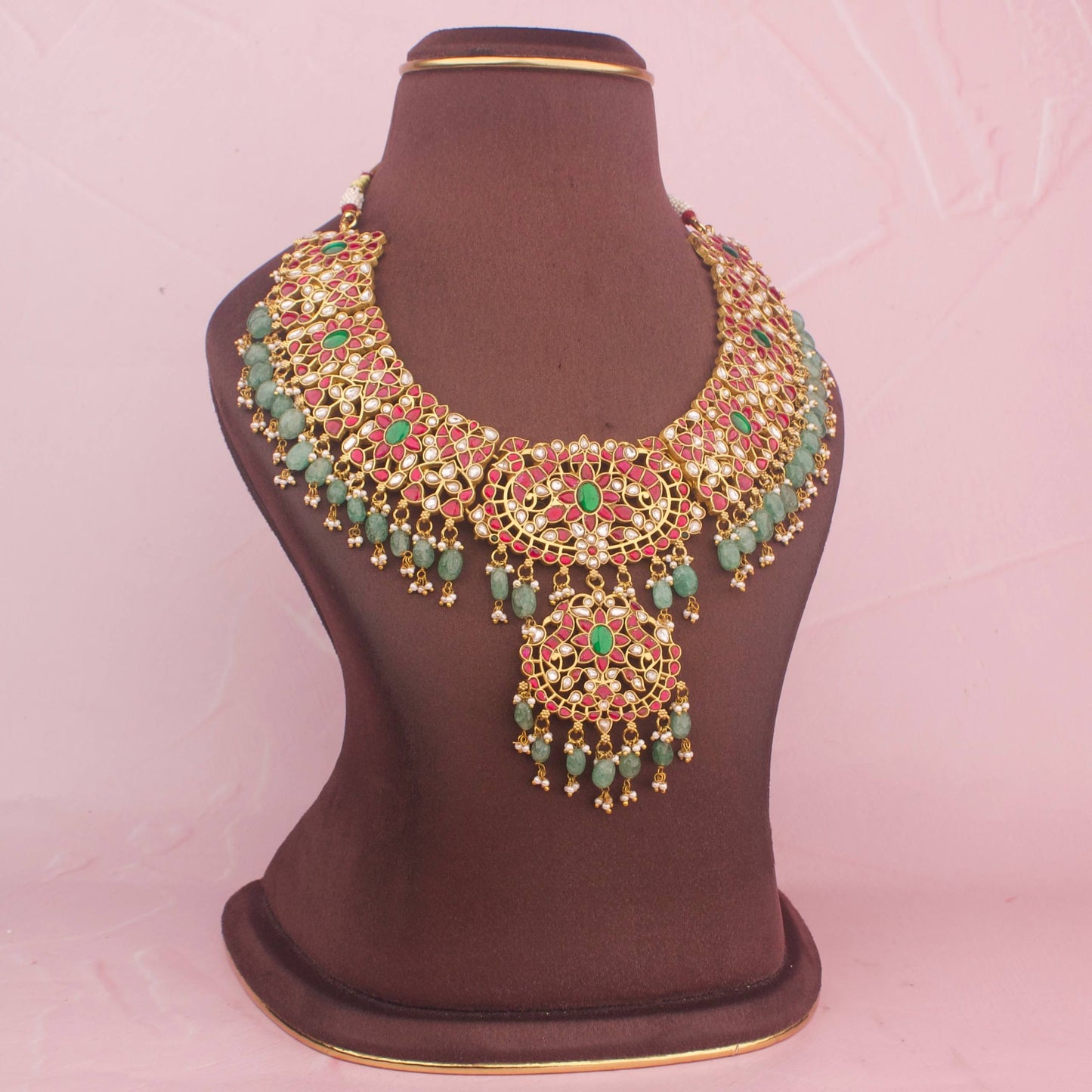 Close-Up Detail View of Traditional Bridal Jadau Kundan Necklace With Guttapusalu Hanging | Dulhan Jewels
