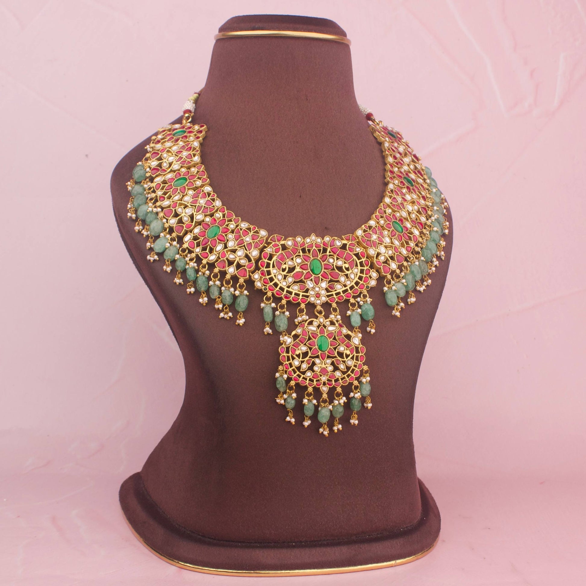 Close-Up Detail View of Traditional Bridal Jadau Kundan Necklace With Guttapusalu Hanging | Dulhan Jewels