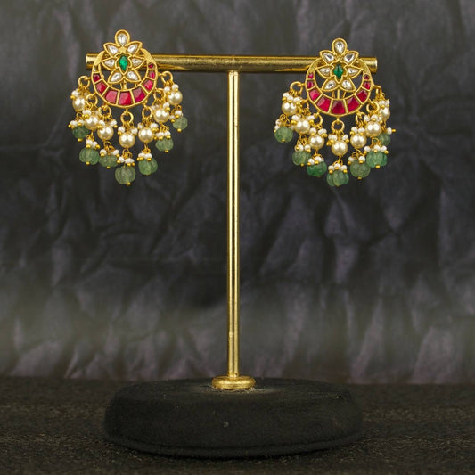 Floral Studded Jadau Kundan Ear Studs With Pearls & Beada Hanging