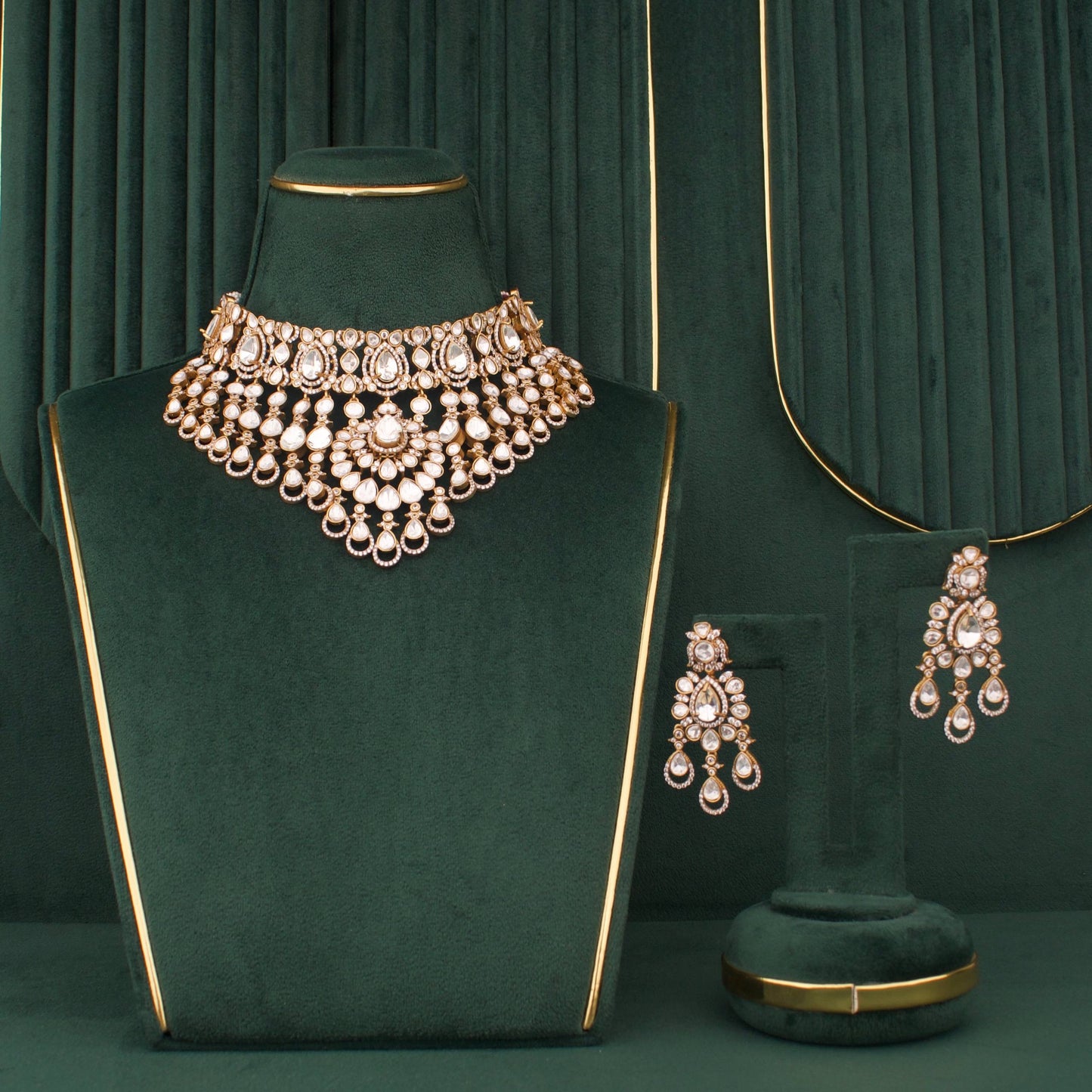 Victorian Polki Necklace Set with Layered Drops