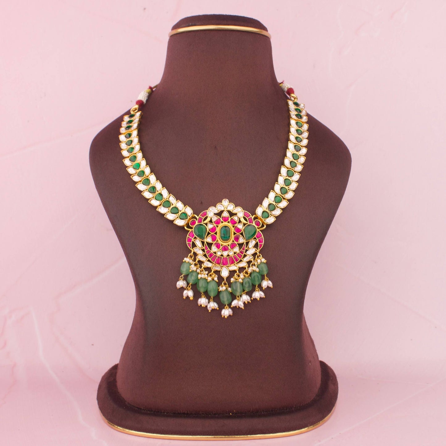 Classic Multi-Stone Polki Necklace With Emerald Drops And Statement Pendant