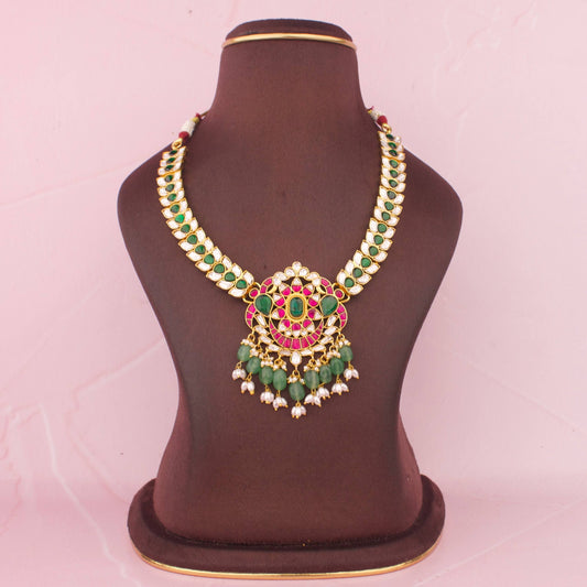 Classic Multi-Stone Polki Necklace With Emerald Drops And Statement Pendant