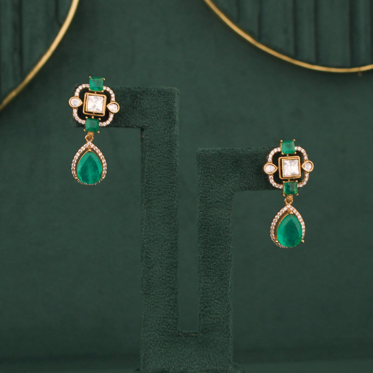 Victorian Emerald Choker Necklace with Pearl Side Strands Styling Angle View 4 - Dulhan Jewels