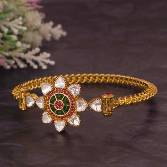Floral Design Sleek Polki Single Kara Bracelet