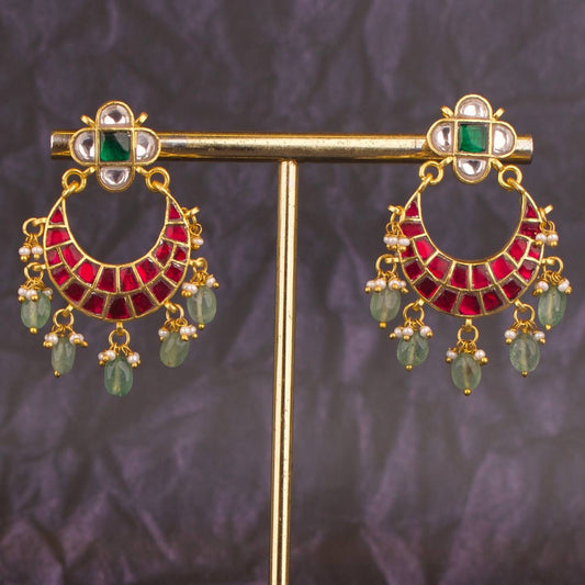 Floral Studded Sleek Jadau Kundan Chandbali Hanging Earrings