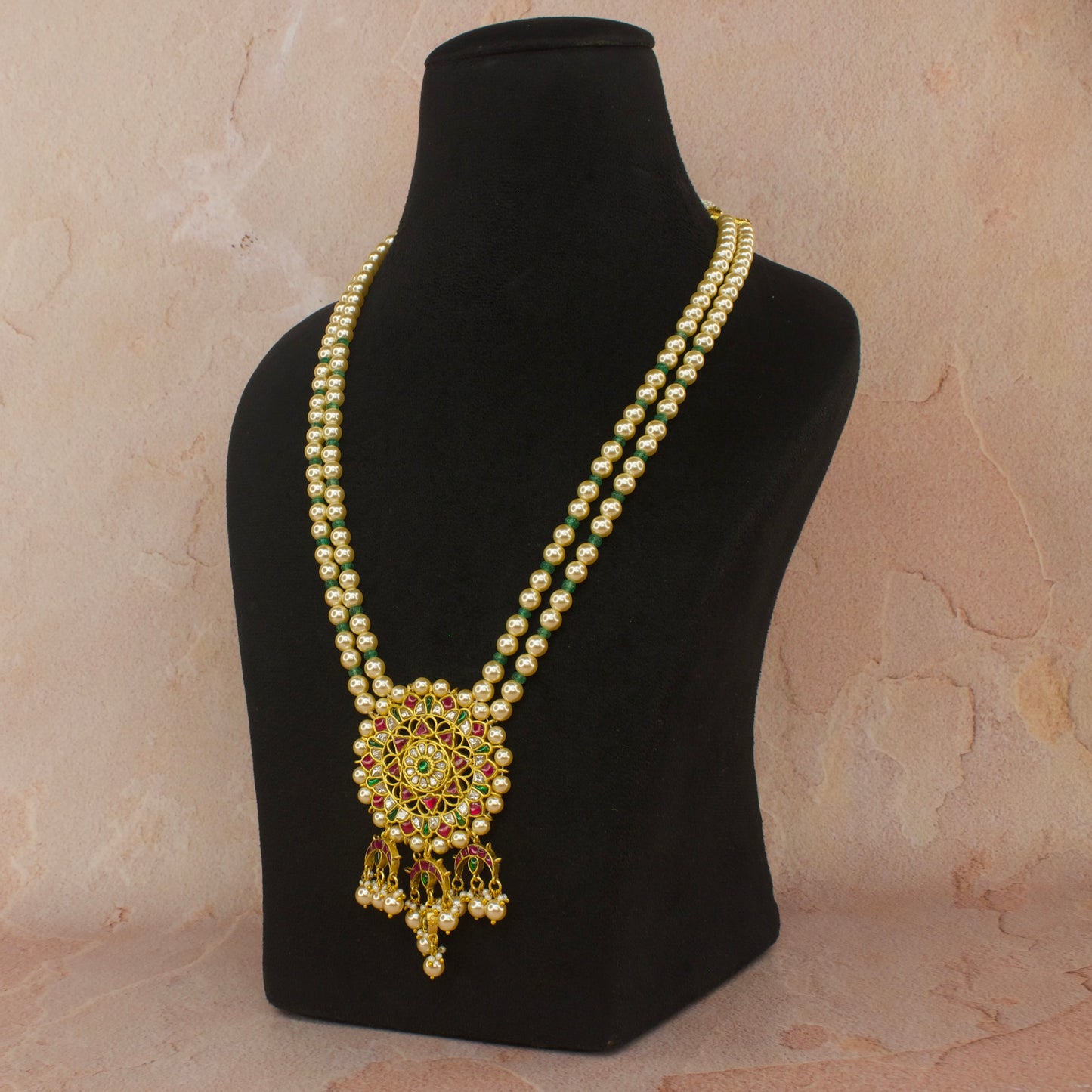 Elegant Jadau Kundan Beads Mala with Pearl and Green Beads