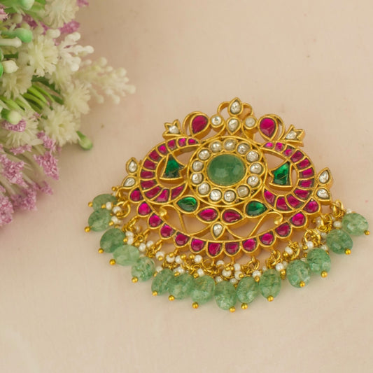 Exquisite Peacock floral Design Jadau Kundan Locket with Green Beads