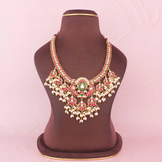Bridal Jadau Kundan Necklace With Ruby Stones And Pearl Layer Hangings
