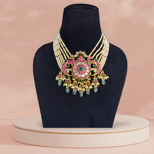 Majestic Jadau Kundan Necklace with Pearl Strands and Green Bead Accents with 22k gold platingThis Product Belongs to Jadau Kundan Jewellery Category