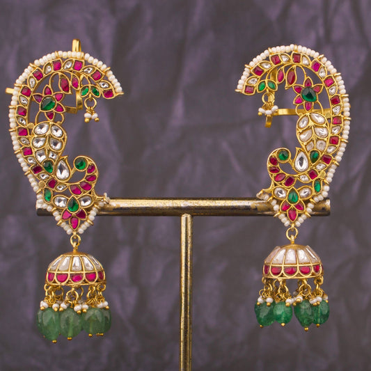 Bridal Jadau Kundan Peacock Motif Earcuff Earrings With Pearl Border And Green Drops