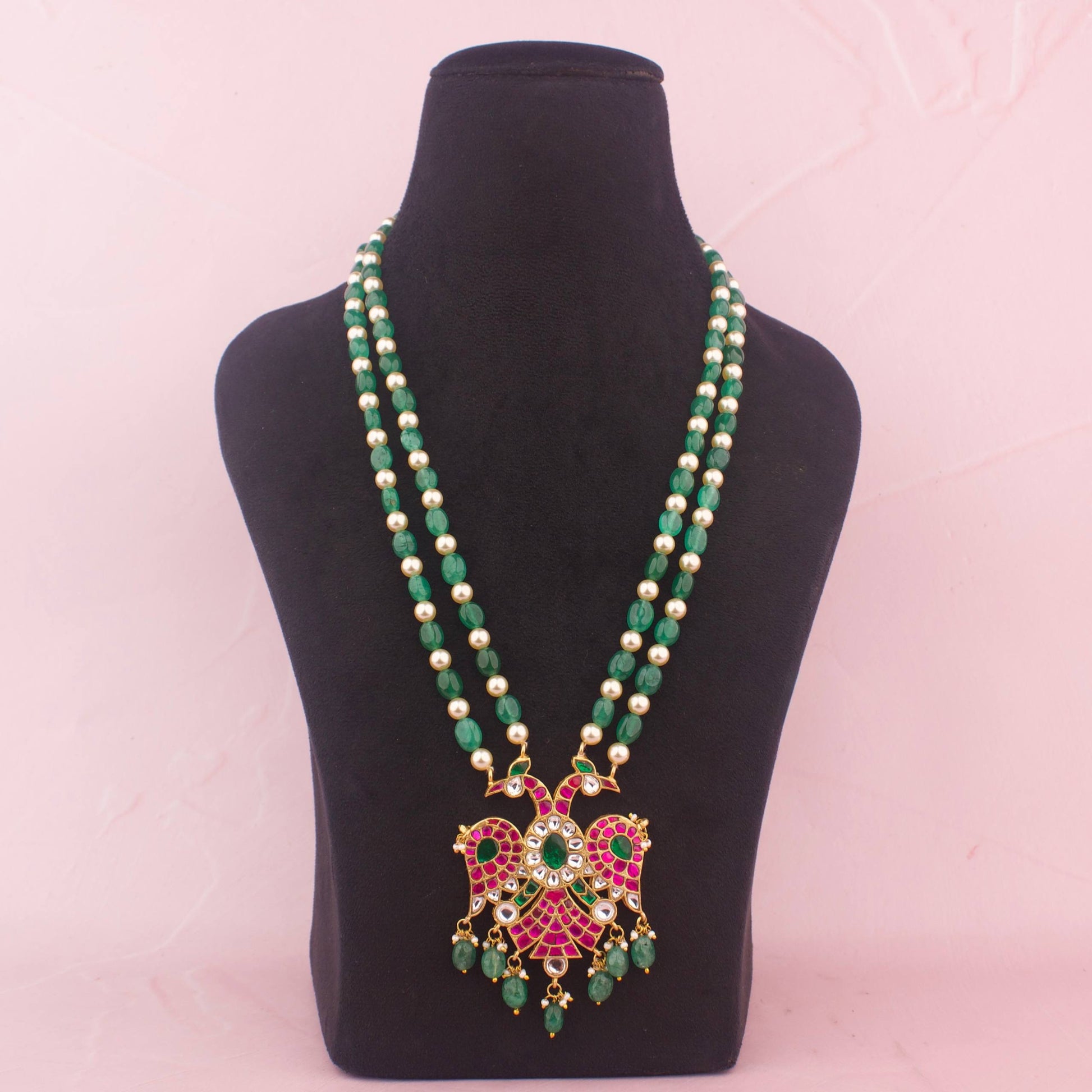 Reversible Jadau Kundan Beads Mala With Emerald Hangings Close-up Design & Gemstone Detailing - Dulhan Jewels