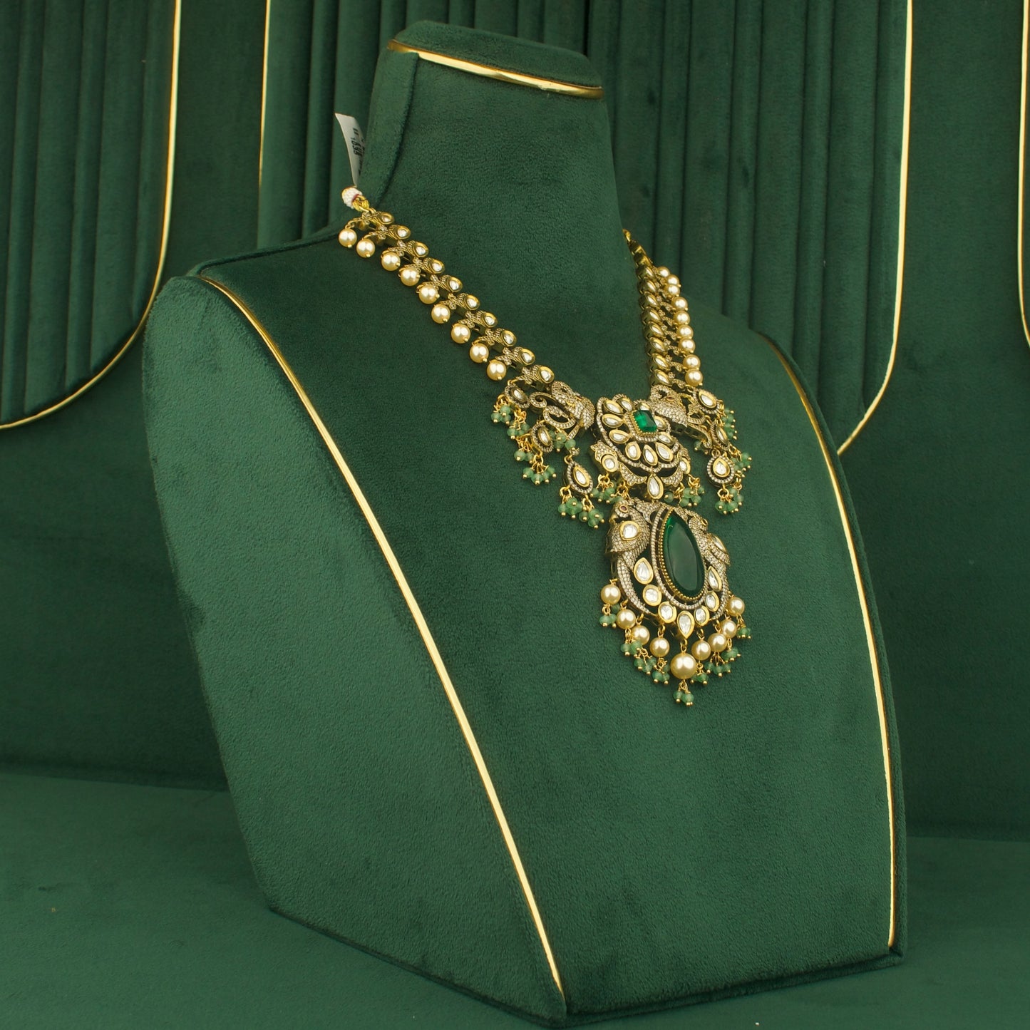 Grand Fusion Kundan & Polki Victorian Necklace Set with Green Beads