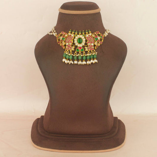 Designer jadau kundan choker with pearl chain, multicolor stones