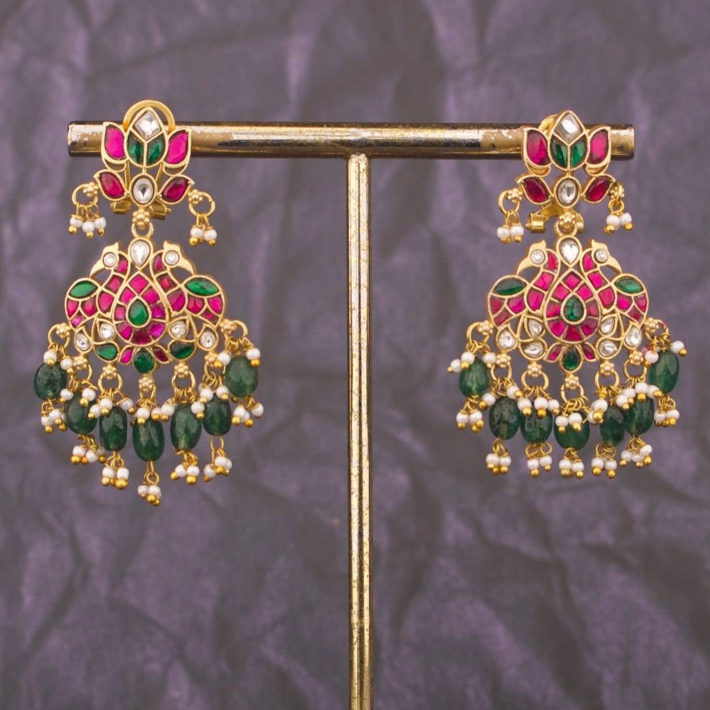 Designer Jadau Kundan Chandbali Earrings With Emerald Beads