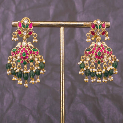 Designer Jadau Kundan Chandbali Earrings With Emerald Beads
