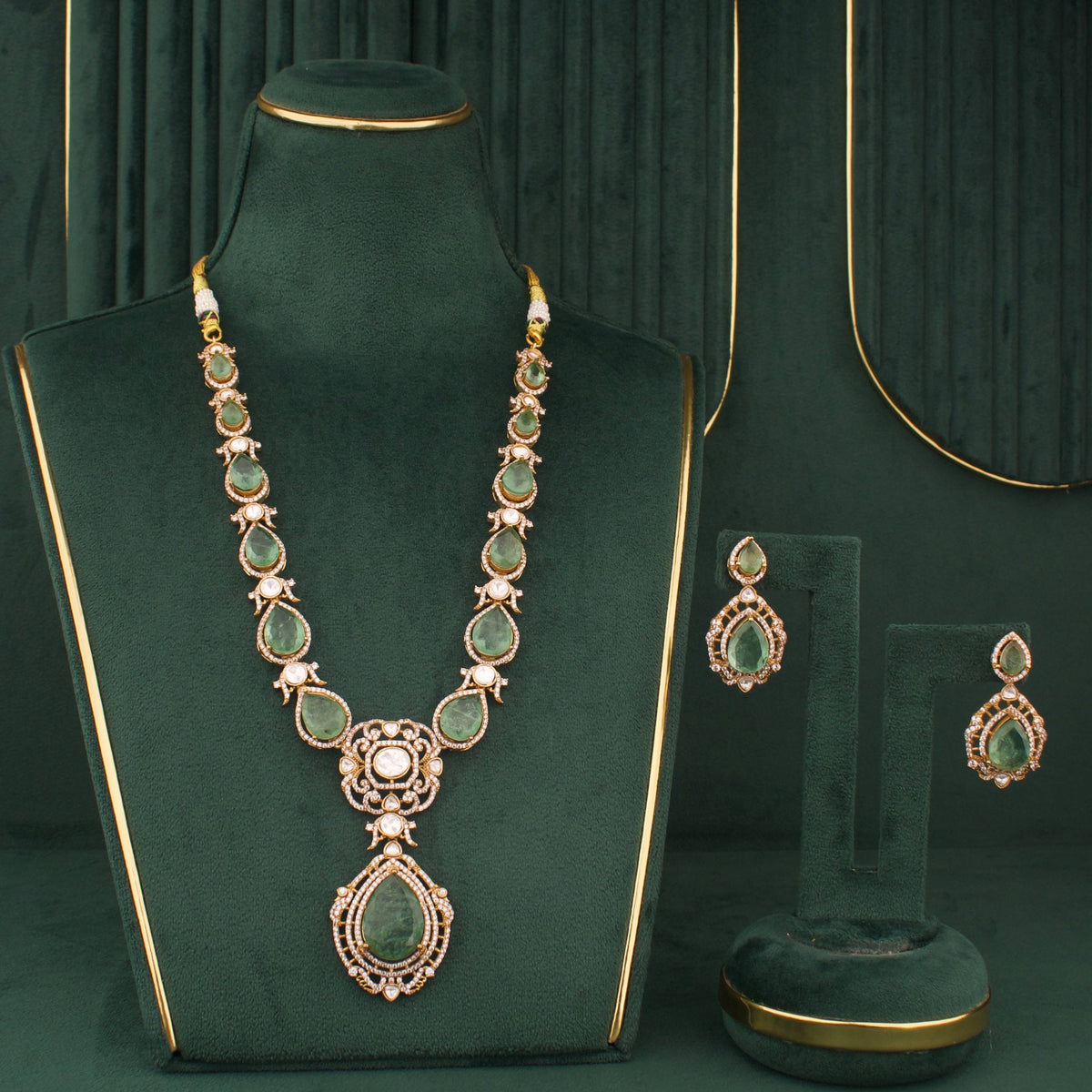 Radiant Victorian Necklace Set With Matching Earrings Styling Angle View 6 - Dulhan Jewels