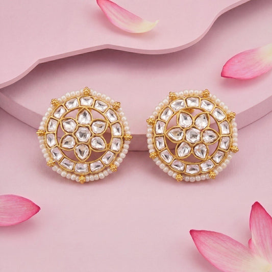 Classic Kundan Pearl Stud Earrings With Floral Design