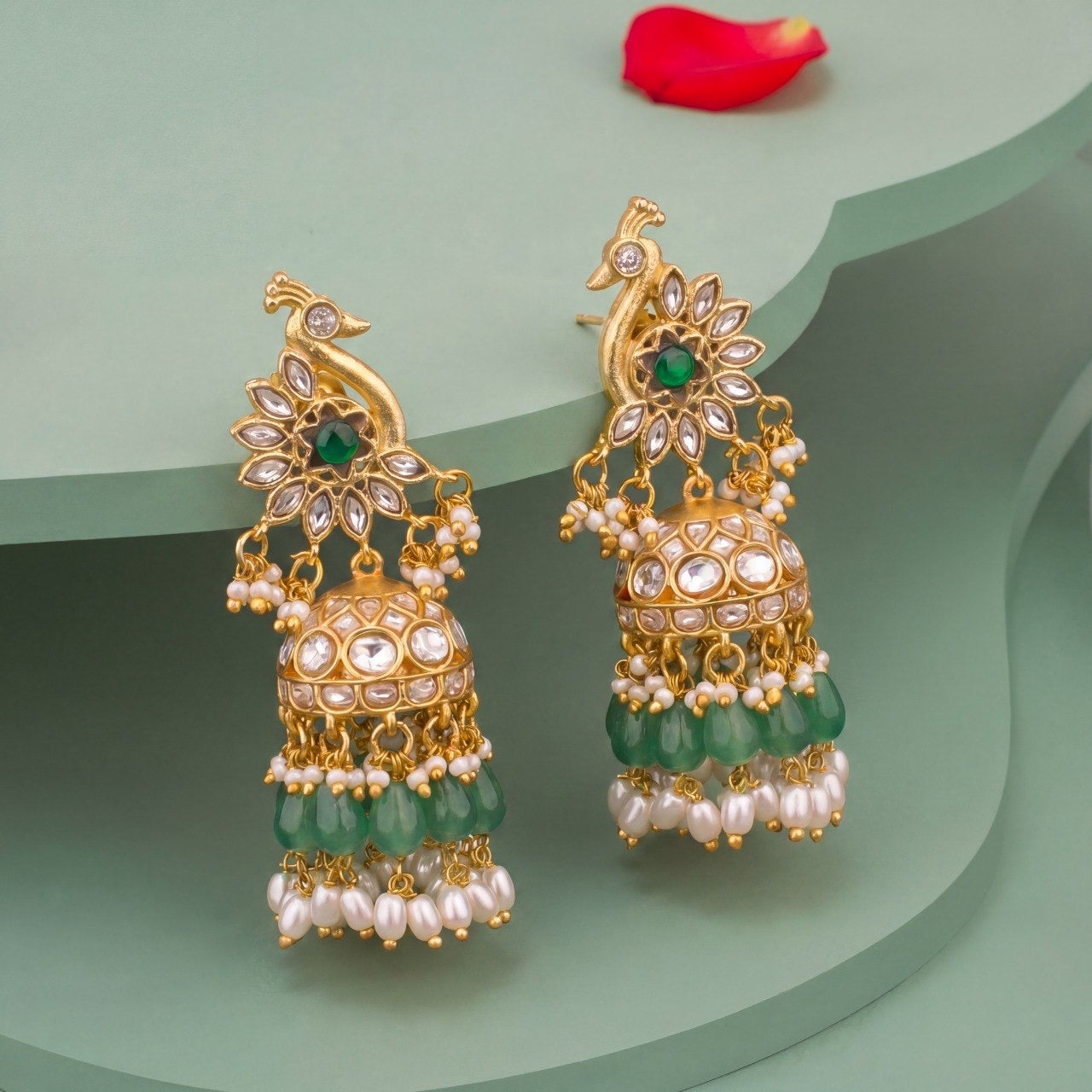 Heritage Peacock Design Jadau Kundan Jhumki With Green Beads And Pearl Danglings