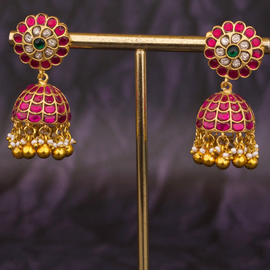 Gold Inspired Jadau Kundan Jhumki With Gold Beads As Hangings