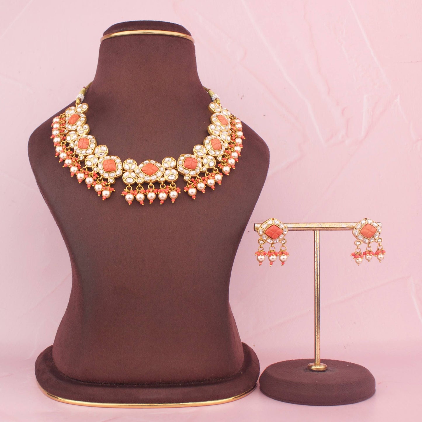 Luxurious Jadau Kundan Necklace Set with Coral Accents