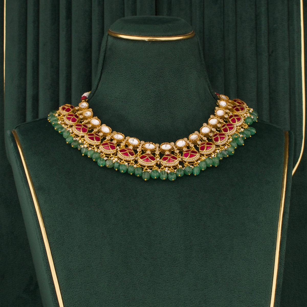 Ruby Victorian Polki Necklace Set with Matching Earrings Craftsmanship & Detail View - Dulhan Jewels