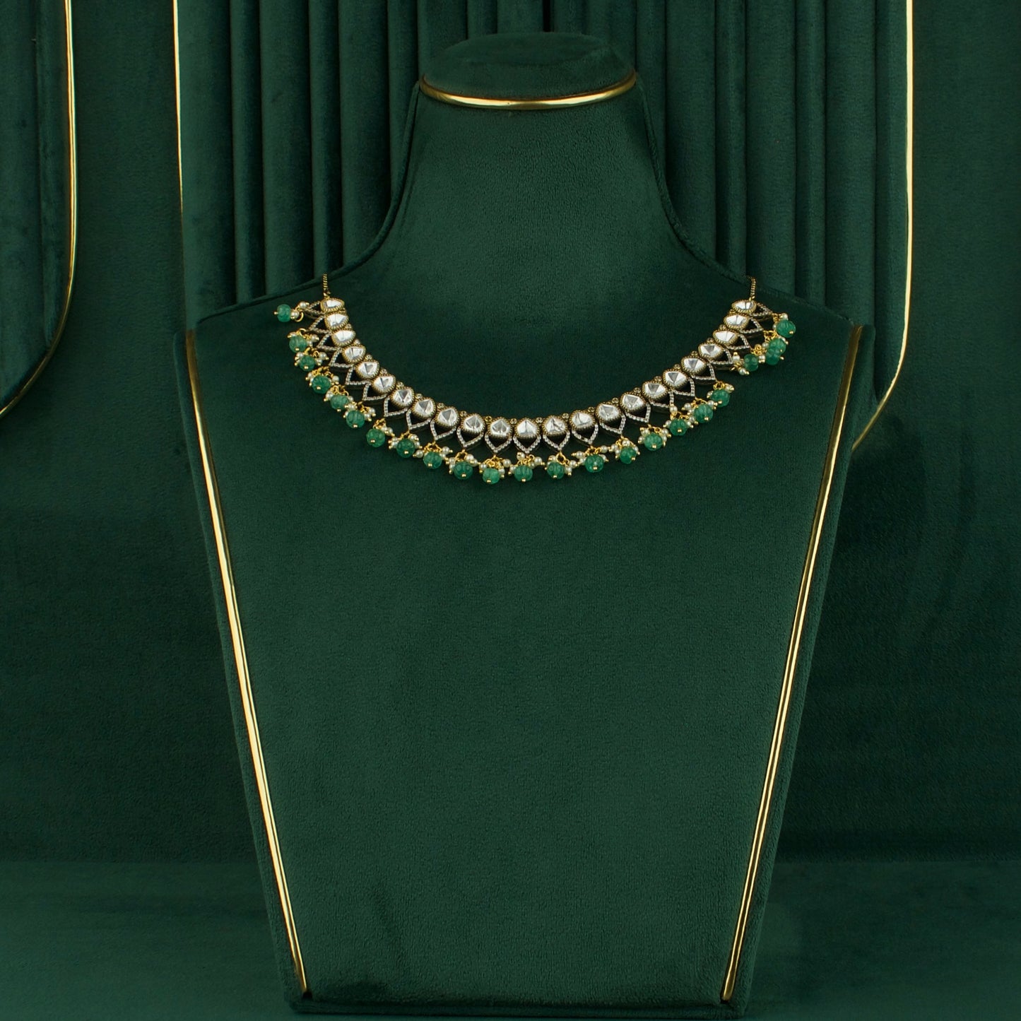 Victorian Polki Necklace Set with Emerald Pumpkin Beads