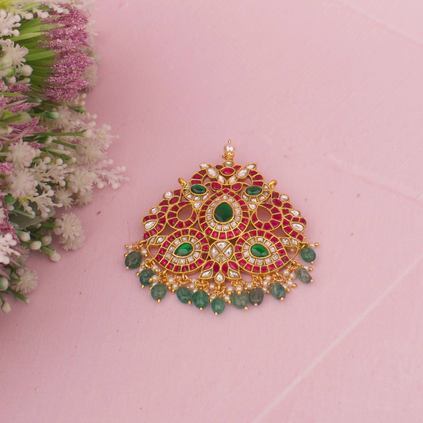 Traditional Multi Colour Jadau Kundan Pendant With Green Beads Hanging