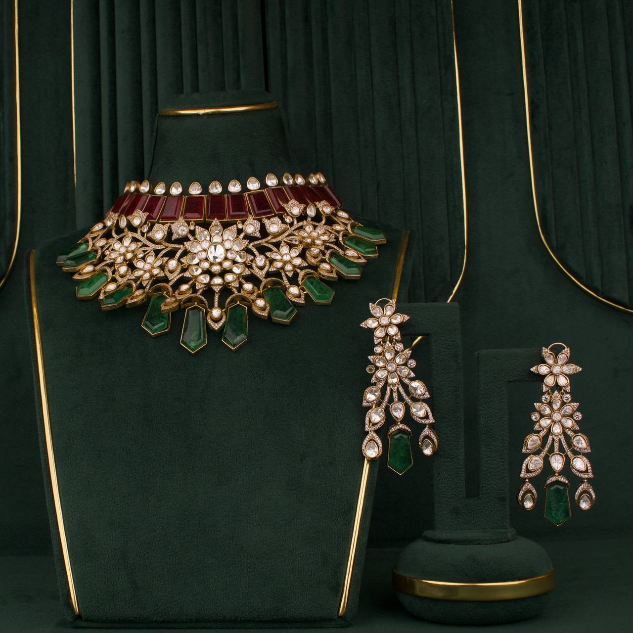 Bridal Emerald & Ruby Moissanite Polki Choker Set With Matching Earrings