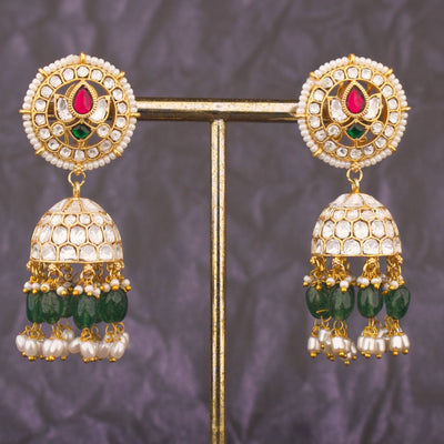 White Polki Kundan Jhumka Earrings With Green Beads