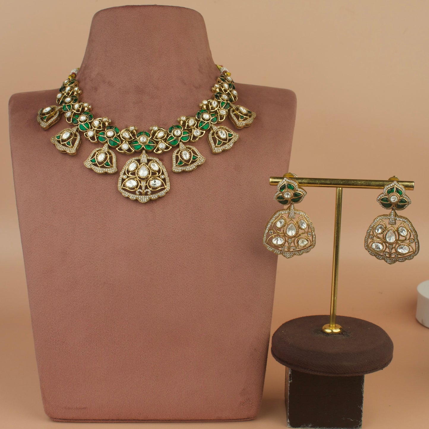 Regal Bells: Victorian Polki Necklace Set with Intricate Detailing