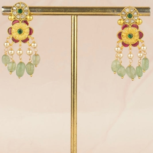 Exclusive floral Design Jadau Kundan Chand Bali with Beads - DULHAN JEWELS