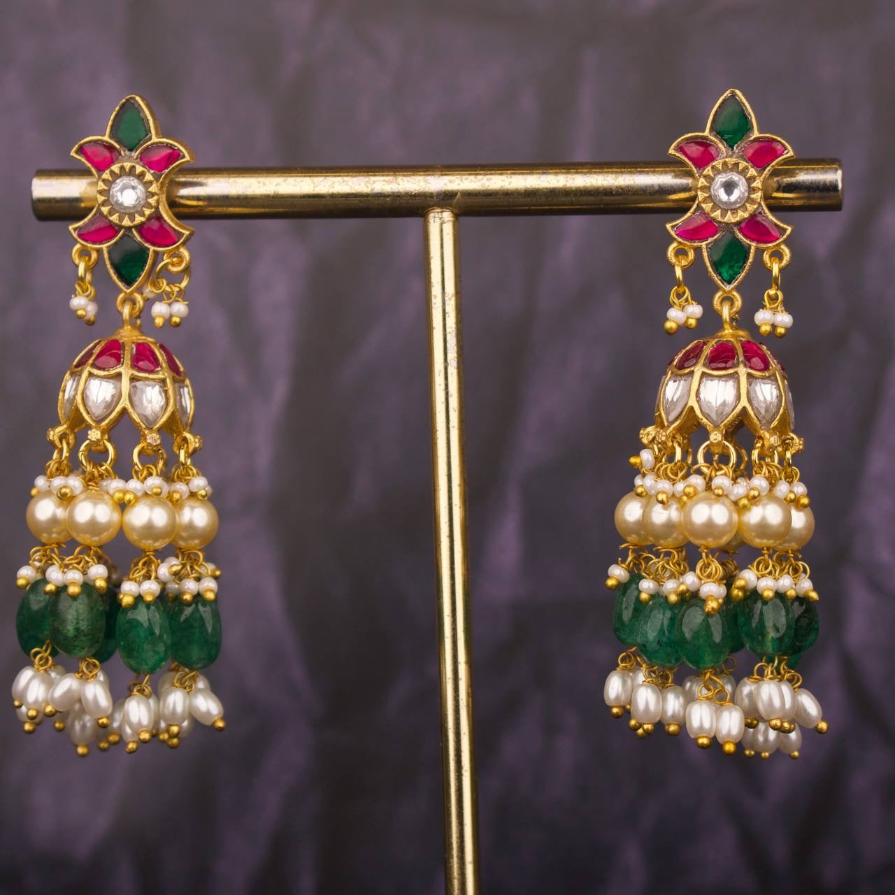 Hand Crafted Jadau Kundan Jhumki Earrings With Guttapusalu Hangings