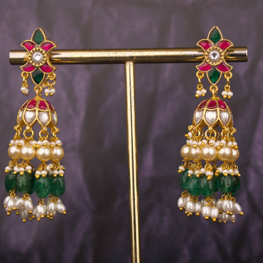 Hand Crafted Jadau Kundan Jhumki Earrings With Guttapusalu Hangings