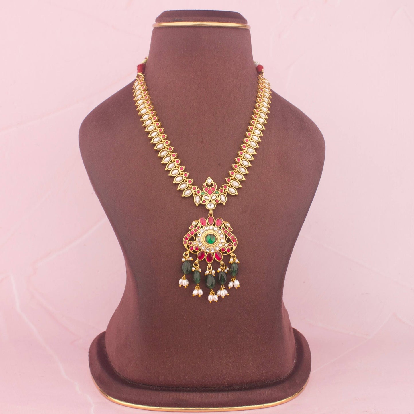Classic Jadau Kundan Necklace With Green Hangings