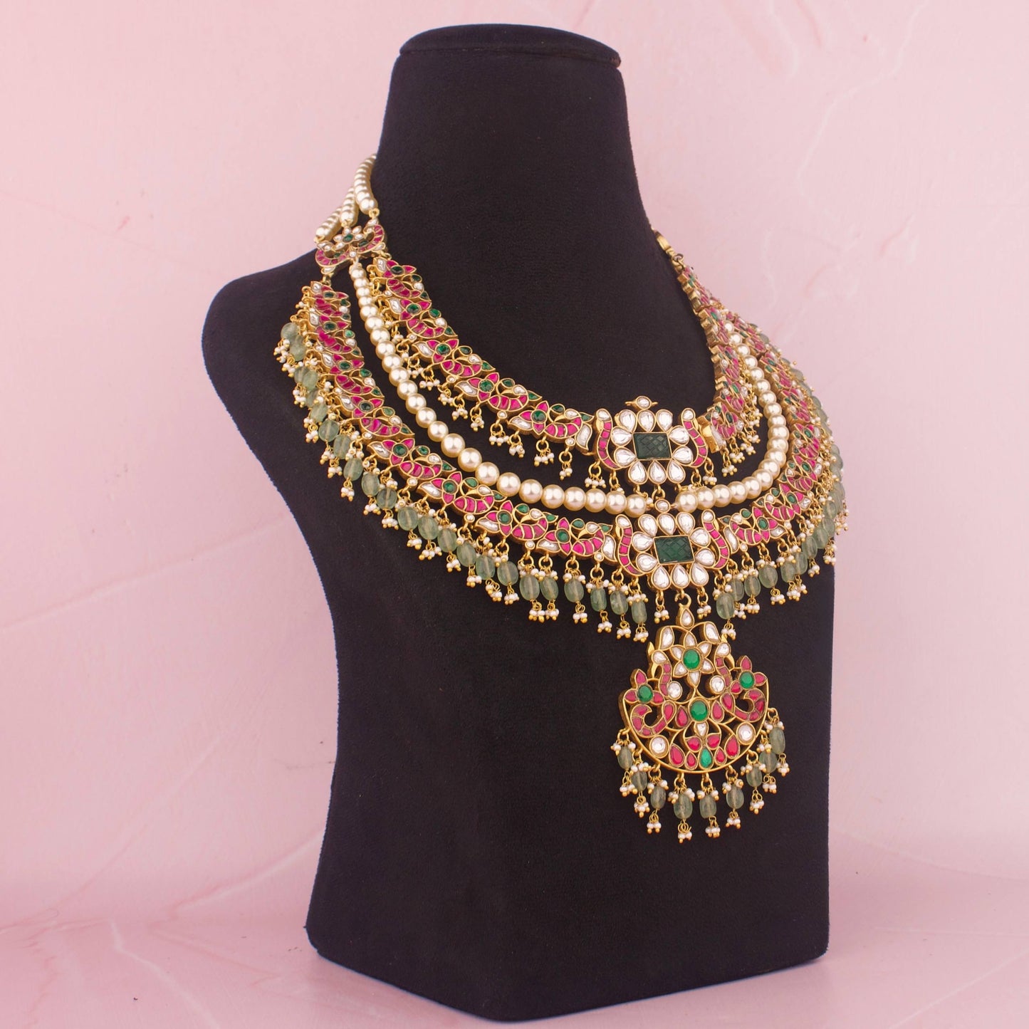 Opulent Bridal Jadau Kundan Necklace with Emerald Highlights & Pearl Work