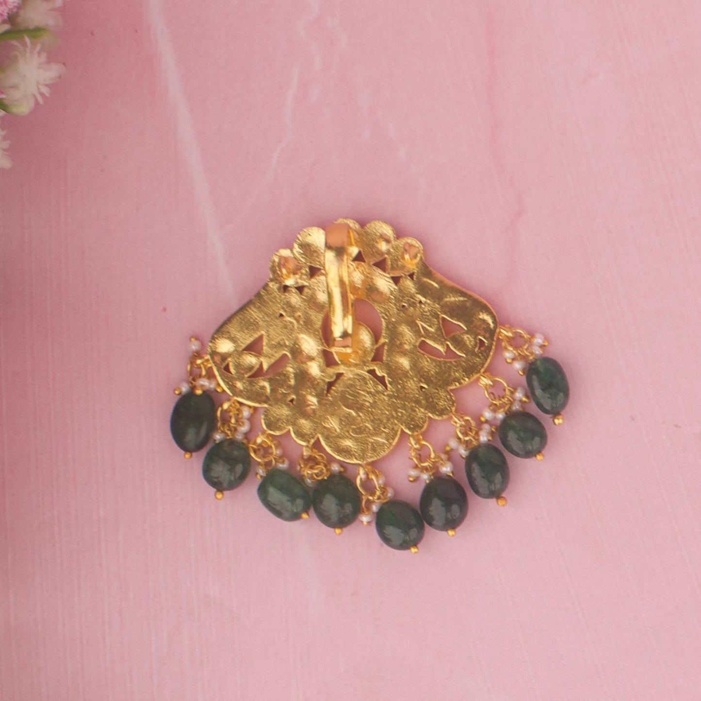 Classic Polki Locket With Green Beads