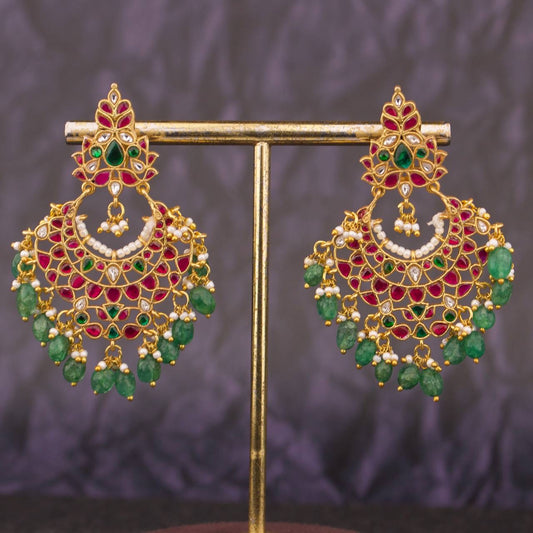 Exquisite Multicolour Studded Jadau Kundan Chandbali Earrings With Green Hangings