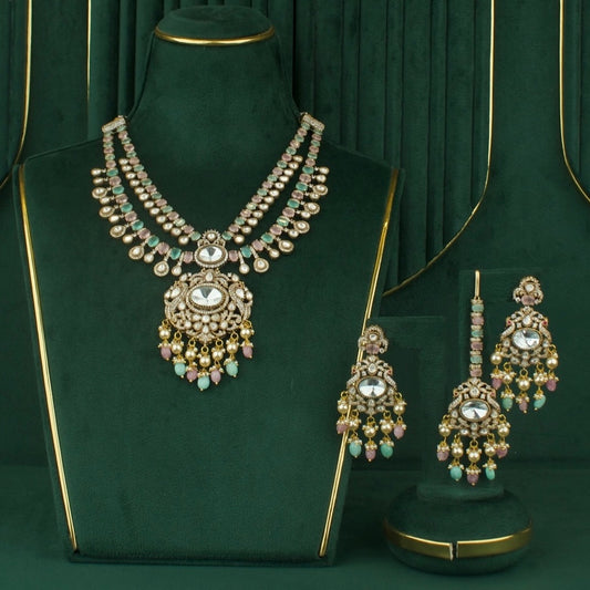 Handcrafted detail view of Dazzling Peacock Design Polki Mehandi Victorian Short Necklace