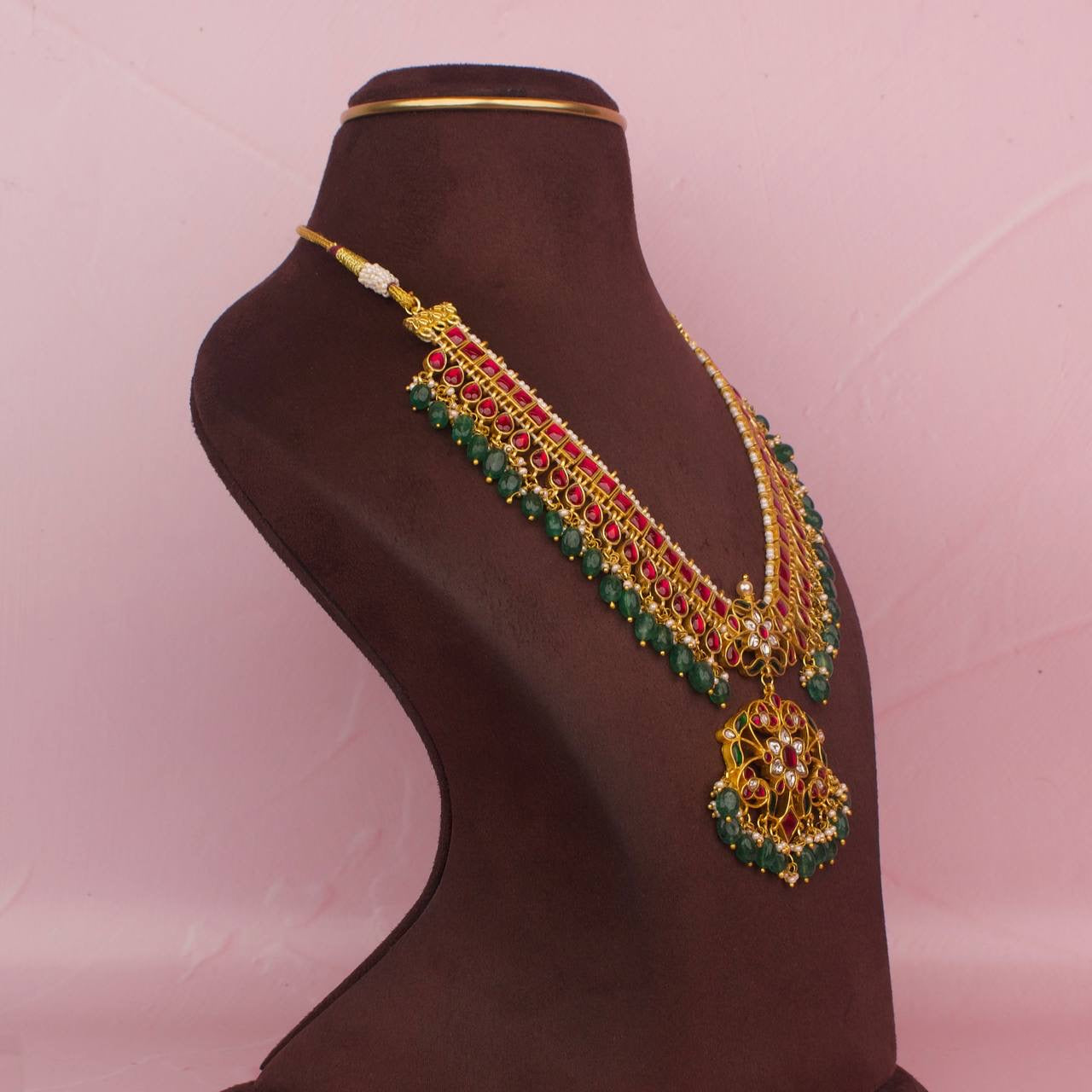 Designer Jadau Kundan Necklace With Green Beads Hangings