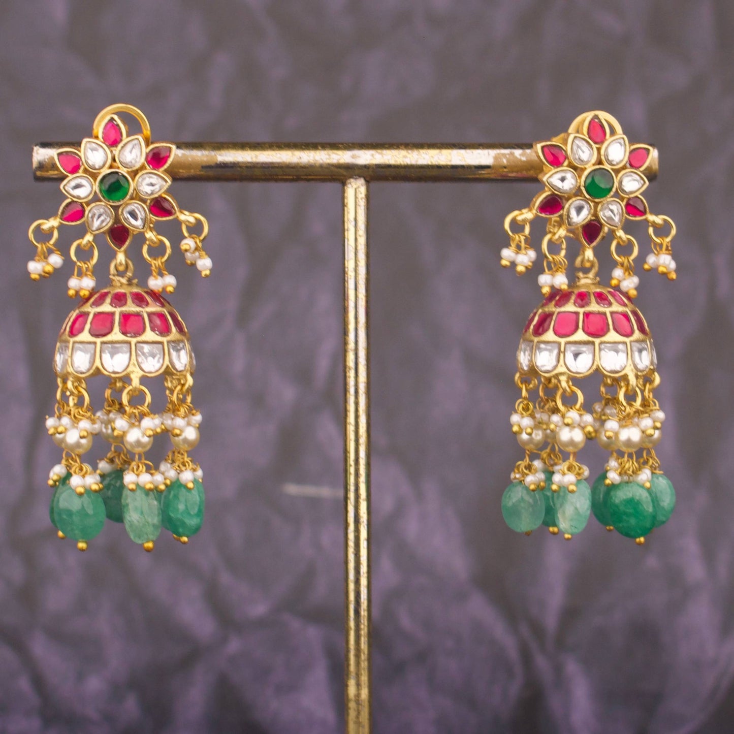 Phool Design Jadau Kundan Jhumka Earrings With Green Beads