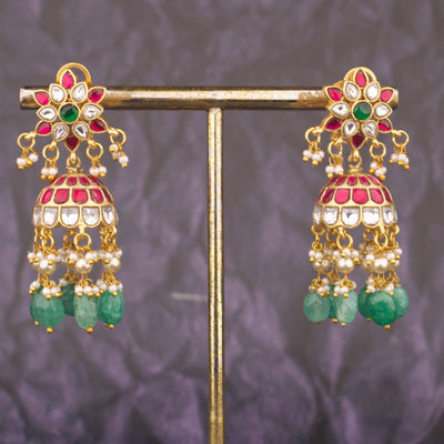 Phool Design Jadau Kundan Jhumka Earrings With Green Beads