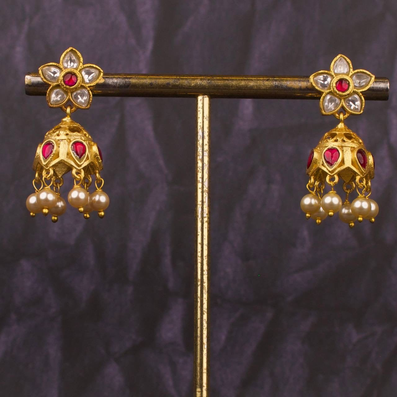 Floral Studded Small Sized Jadau Kundan Jhumki With Pearl Hangings