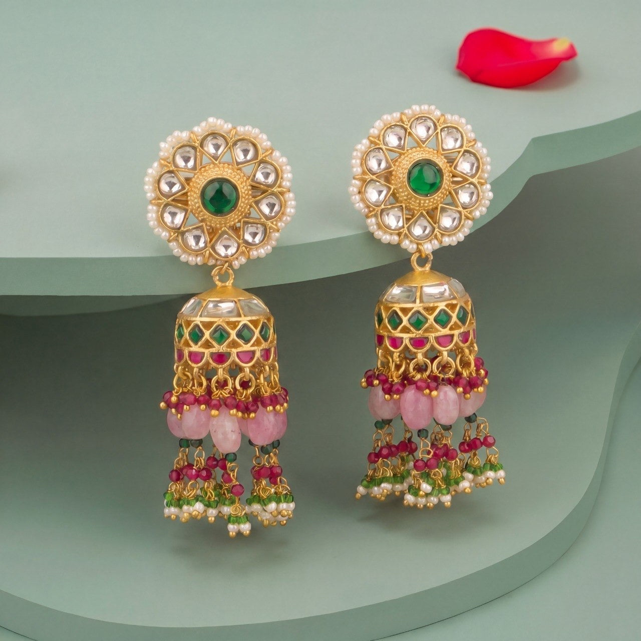 Royal Elegance Floral Design Jadau Kundan Jhumki Pink Beads