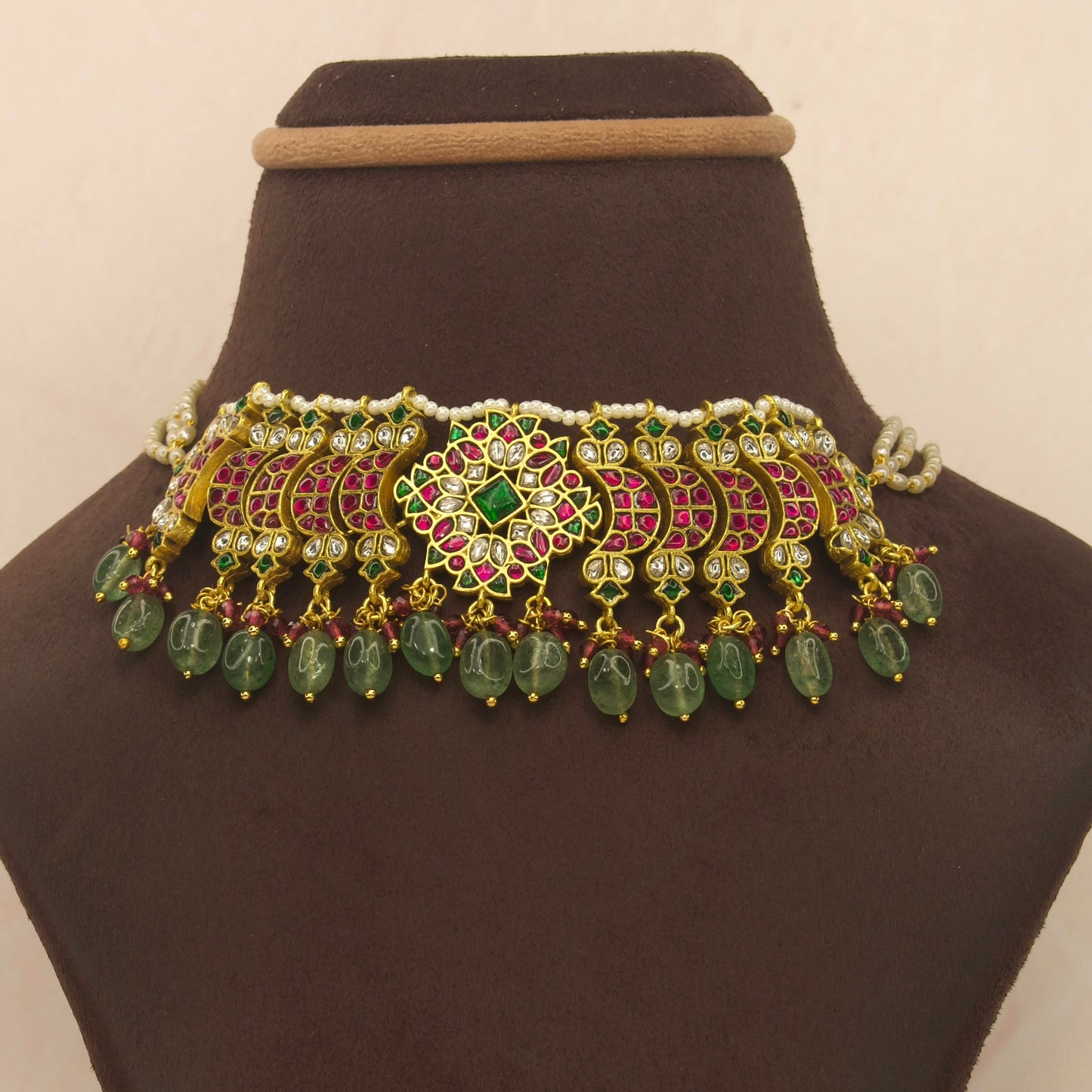 Multi kundan stones jadau choker with pearl strings