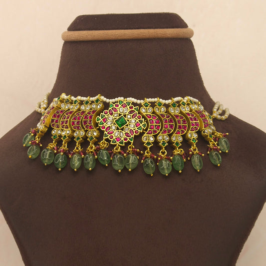 Multi kundan stones jadau choker with pearl strings