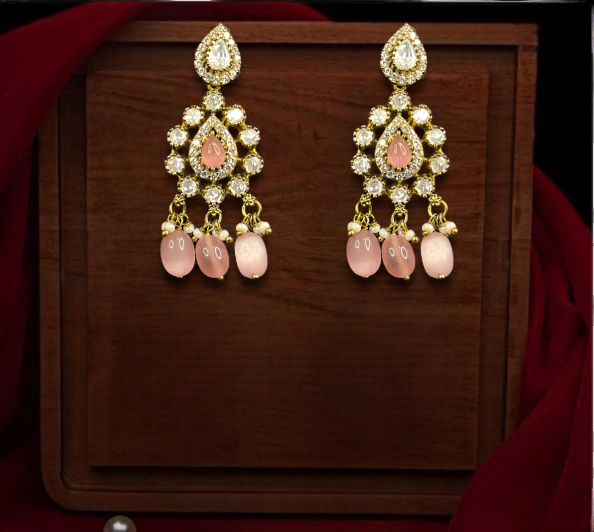 Antique Victorian Diamond Polki Earrings wtih zirconia, moissanite polki stones, pearls, and beads. This Victorian Jewellery is available in Pink, Red, Purple & Mint colour variants. 