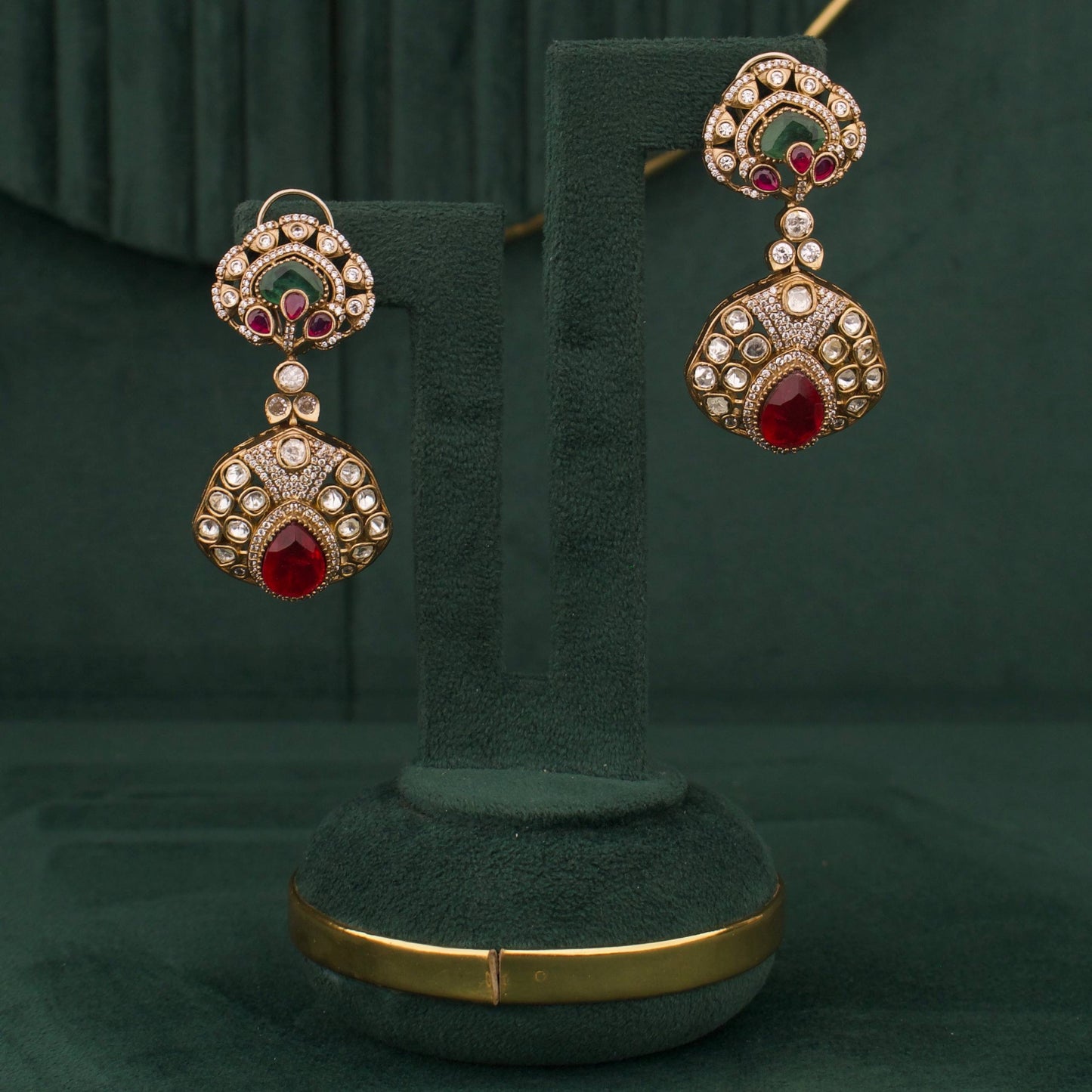 Victorian Ruby Emerald Polki Bridal Statement Necklace Set With Matching Earrings