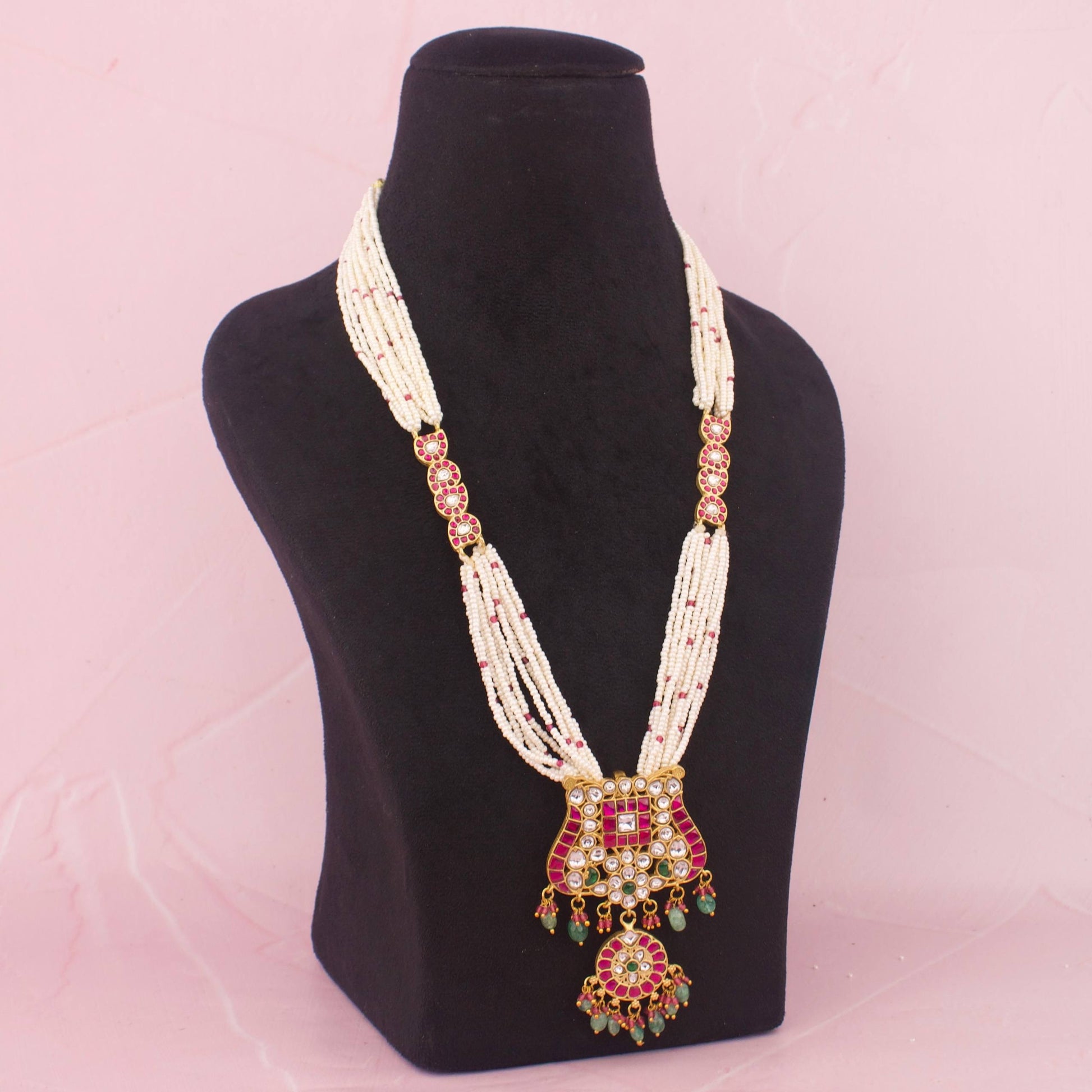 Close-Up Detail View of Unique Jadau Kundan Long Beads Mala | Dulhan Jewels